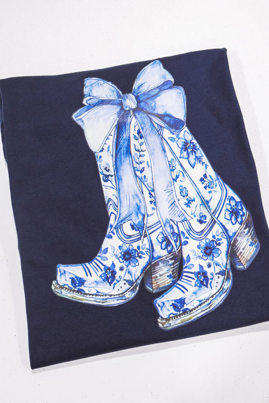Floral Cowboy Boots- Navy