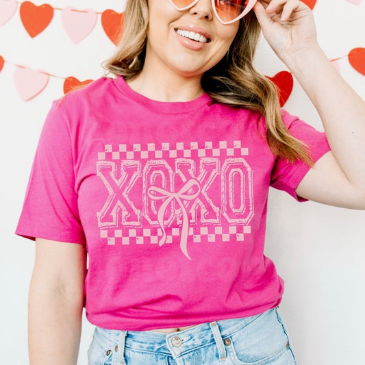 XOXO Bow with Checkers- Hot Pink
