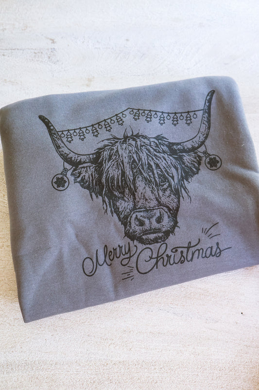 Merry Christmas Highland Cow- Charcoal