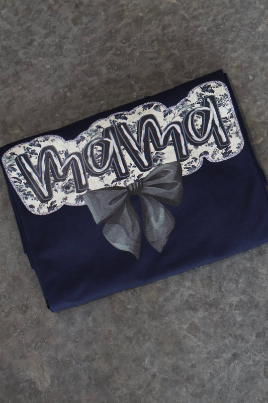 Mama Floral Bow- Navy
