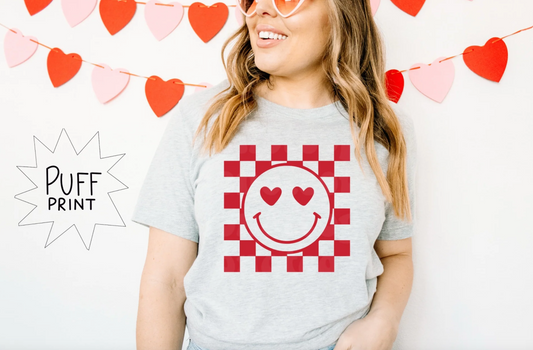 Checkered Heart Eyes- Puff Print Ash Grey